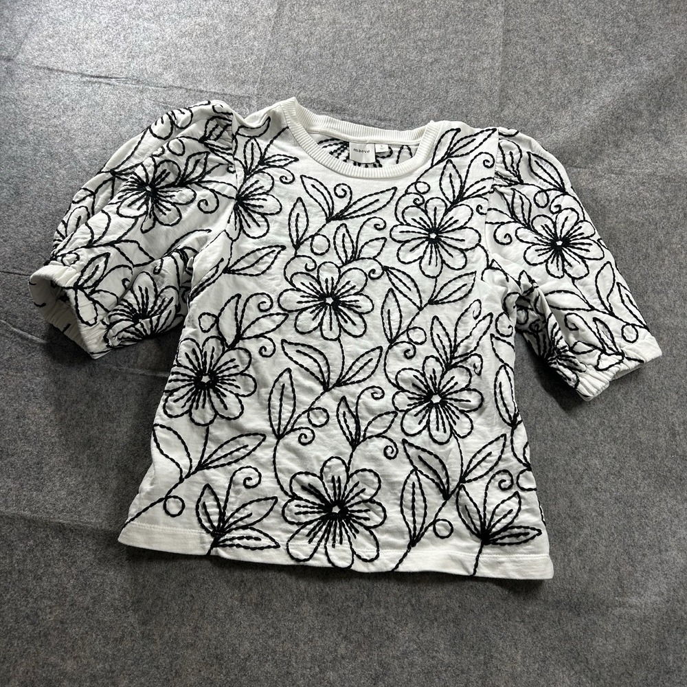Maeve Anthropologie Top Womens Small Puff Sleeve Floral Embroidered Pullover